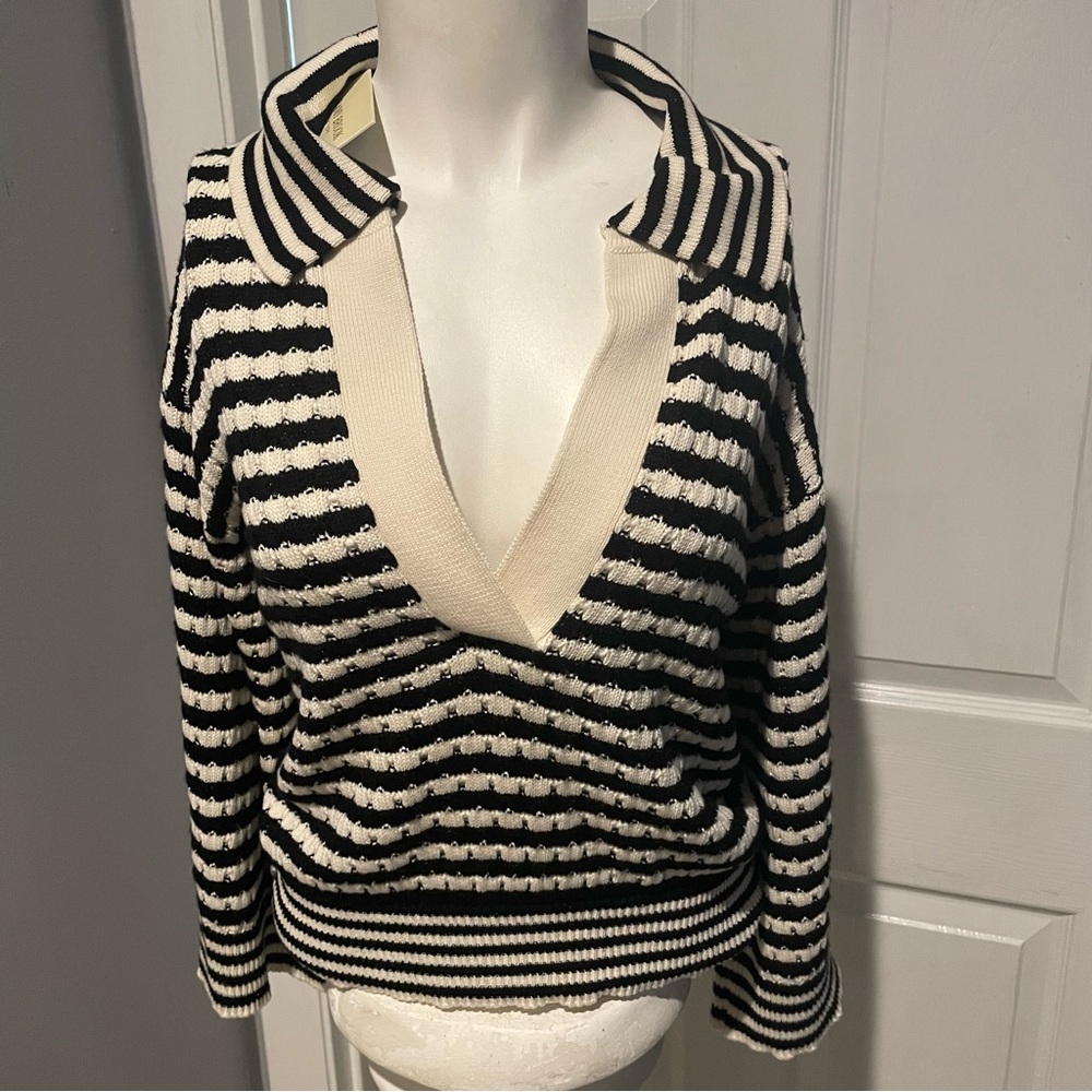 Ramy Brook Black and Cream Striped V-Neck Sweater S/Large - Picture 2 of 6